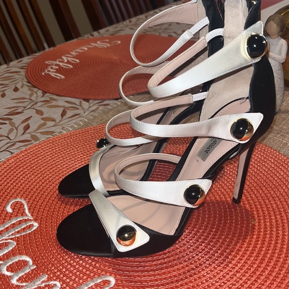 Giorgio Armani Satin Multi Strap Stiletto Black and White Zip Closure Heels 6.5 - Picture 6 of 13